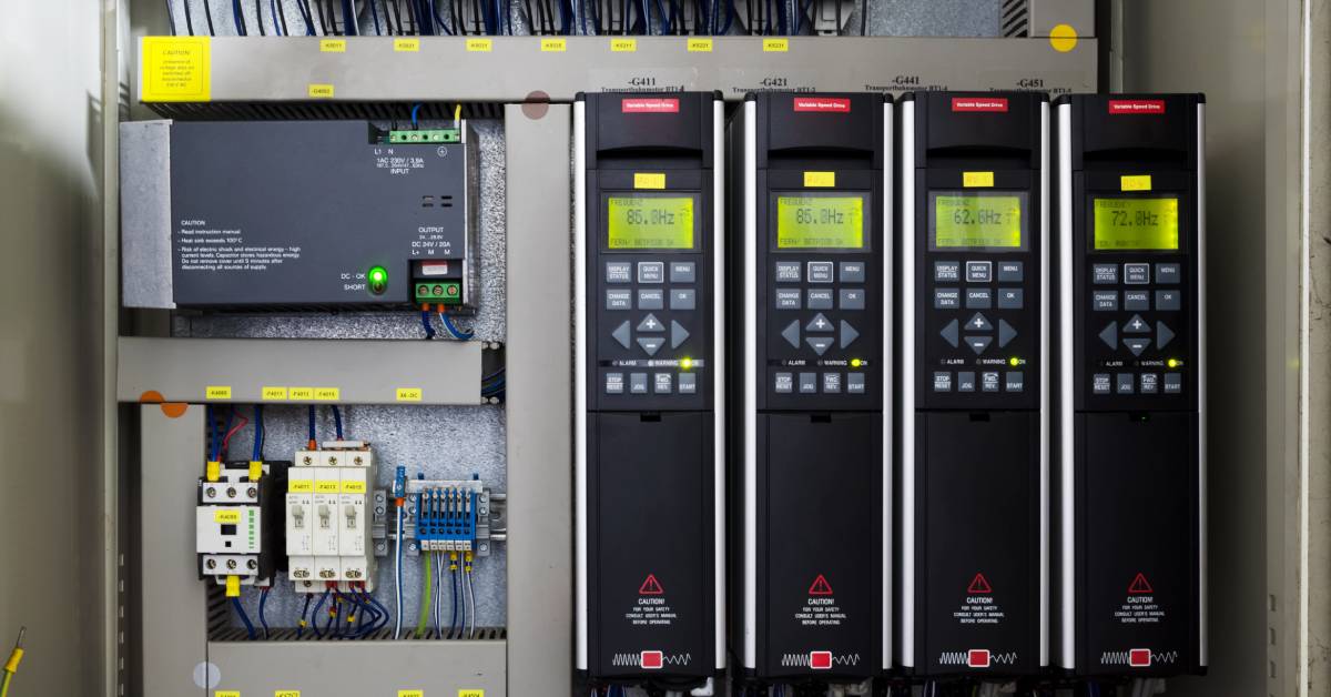 Four variable speed drives installed vertically in an industrial cabinet. Each drive has a lit display and button panel.